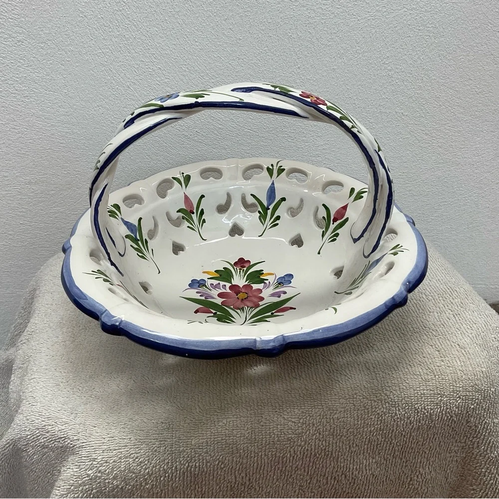 Vintage RCNCL White Porcelain Basket With Blue Trim And Floral Detail Braided